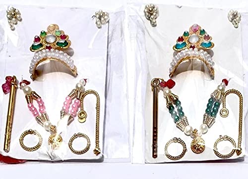 Laddu Gopal Mukut Set 2 Mukut, Mala, Flute, Kada, Stick and Earing Set (Pack Of 2)