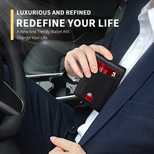 Image of RUNBOX Wallet for Men Slim Leather Bifold RFID Blocking Minimalist Front Pocket Design with Gift Box | Minimalist Front Pocket Design, Holds 8 Cards, RFID Protection, Gifts for Men on Birthdays, Father's Day, and Christmas