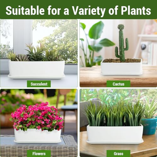 Image of MyGift 14 Inch Ceramic Indoor Plant Pot with Drainage Hole, Rectangular Succulent Planter Window Box with Removable Saucer, Unglazed White (Pack of 2)