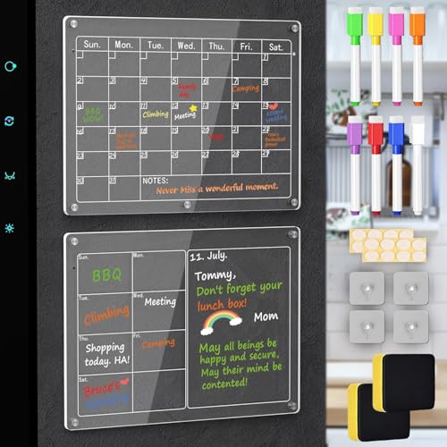 Magnetic Acrylic Meal Planner Montly & Weekly Menu Board for Fridge Clear Dry Erase Calendar with 8 Markers Grocery List to-Do Chore Chart & Shopping Organizer Noteboard (Monthly+Weekly)