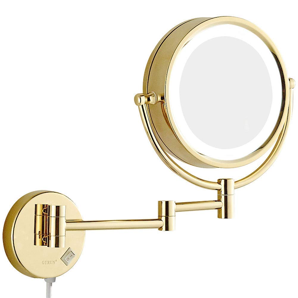 Espejos de Maquillaje for baño, tocador montado en la Pared, latón de Doble Cara, Iluminado, con Aumento, Plegable, con Enchufe de Interruptor (Color : Bronze, Size : 5X)