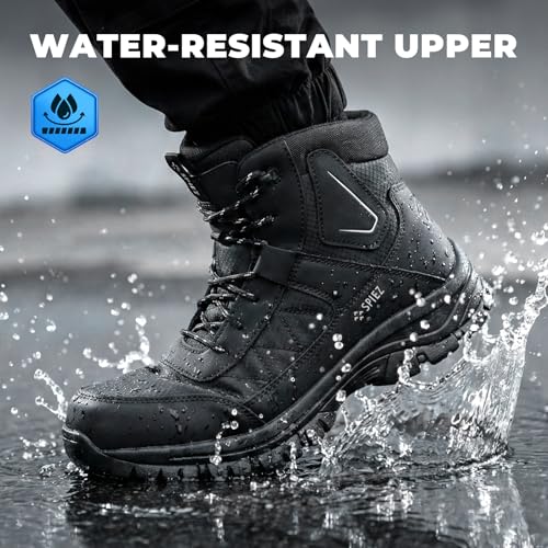 Image of SPIEZ Waterproof Steel Toe Work Boots for Men Slip Resistant Antistatic Safety Shoes High-Top Winter Industrial and Construction Boots Black US 7.5-12