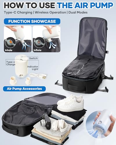 Vacuum Seal Backpack for Clothing Travel with Air Pump Waterproof Laptop Carry On Backpack Personal item Travel Essentials Compression Space Saver Bags Storage with Vacuum System Women Black3