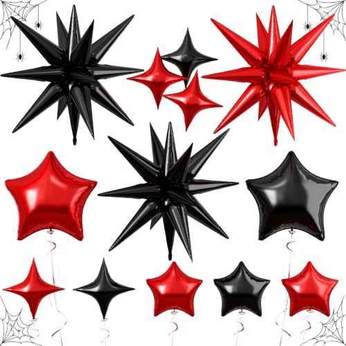 Image of Star Balloons Halloween Balloon Black Red Explosion Stars Balloon | 22 /18 /10 In Metallic Red Black Spike Stars Foil Balloon for Vampire Casino Happy New Year Eve Birthday Party Decor
