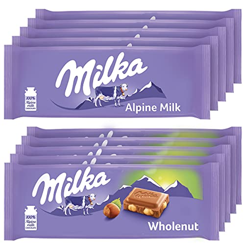 Milka European Chocolate Bars Variety Pack, Alpine Milk Chocolate & Wholenut Hazelnut Chocolate, 10 - 3.52 oz Bars