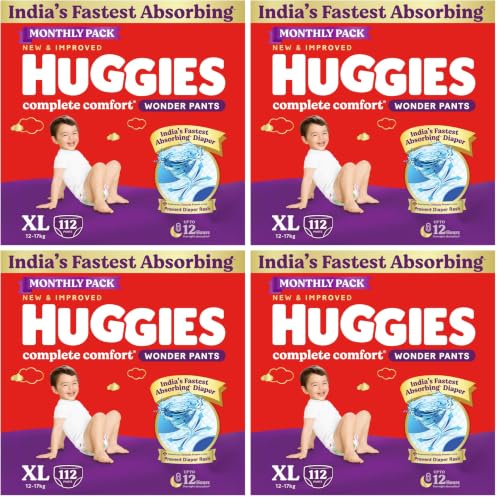 Image of Huggies Complete Comfort Wonder Pants | Pant Style Baby Diapers Extra Large Size, 112 Count | India's Fastest Absorbing Diaper, Prevents Diaper Rash, Ideal for 12 to 17 Kgs (56 count, Pack of 8)