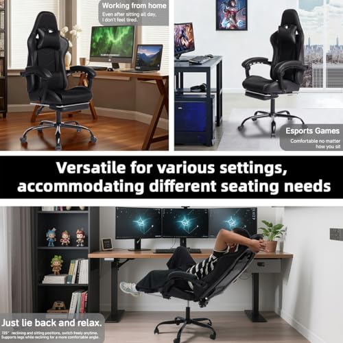 Image of Gaming Desk Chair for Adults, Ergonomic Gaming Chair with Footrest & Headrest and Lumbar Support, Leather Material Height Adjustable Computer Video Game Chairs (Black Upgrade)