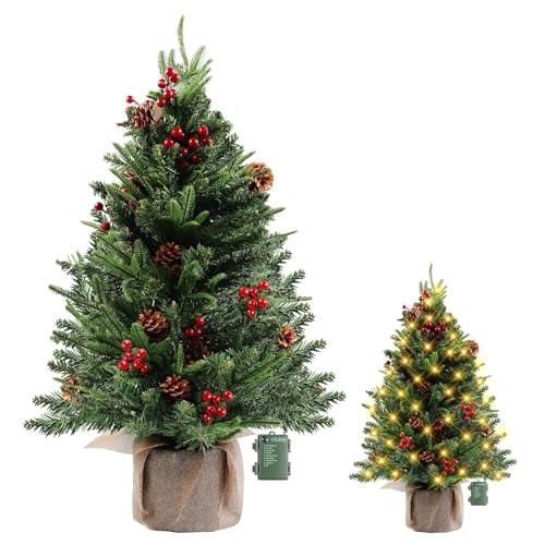 MaxEarn 60cm/2ft Mini Christmas Tree with Lights, Artificial Tabletop Christmas Tree with 60 LED Lights, 100 Branches (PE + PVC), Red Berries & Pine Cones for Xmas, Home, Table, Desk Decor