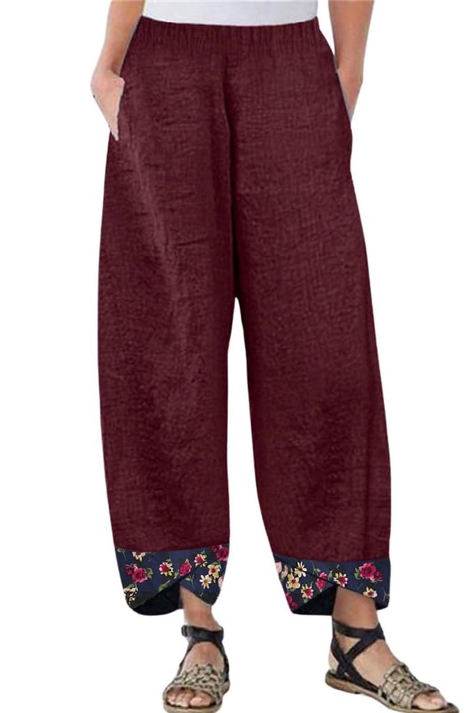 chouyatou Womens Floral Printed Cotton Linen Crop Pants Baggy Elastic Waist Wide Leg Palazzo Trousers