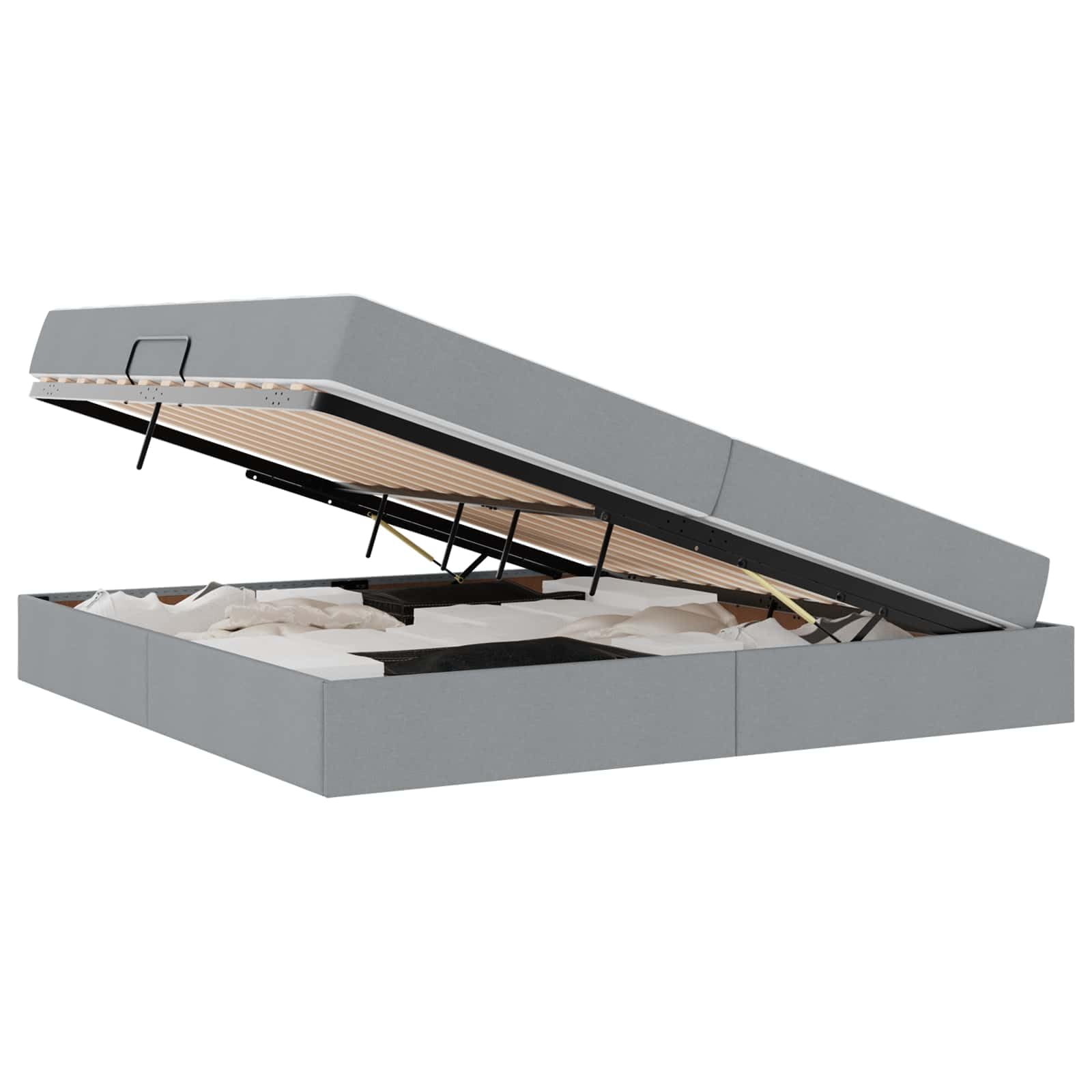 Cama de almacenamiento con colchón de 200 x 200 cm, cama tapizada con gran cajón, cama doble hidráulica, gris claro, marco de metal estable, incluye somier de láminas