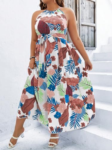 Image of Floerns Women's Plus Size Boho Sleeveless Halter Neck Tie Back A Line Long Dress