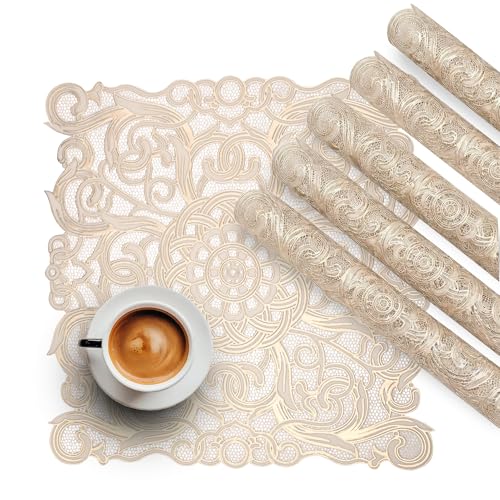 Image of Kuber Industries Leather Table Mats Set of 6 | Placemat /Dining Table Mat for Family Functions | Circle Flower Square Design - Cream & Golden