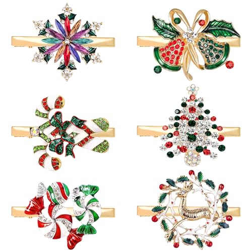 Image of 6 PCS Christmas Hair Clips for Women Sparkly Rhinestone Reindeer Wreath Bell Hairpins Xmas Themed Festive Party Hair Accessory Gifts (Christmas)