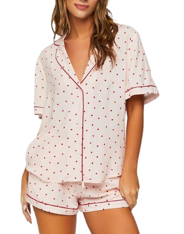 Image of Seyurigaoka Womens Heart Print Pajamas Shorts Set Short Sleeve Sleepwear Loungewear Button-Down 2 Piece Pjs Set