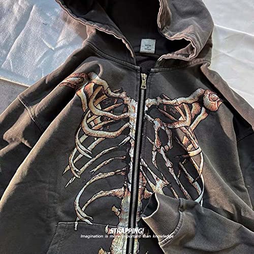 MLAFE Gothic Hooded Sweater Retro Bone Print Hooded sweatshirt Y2K zip-up jacket Grunge Hooded Sweater Harajuku upper garment4