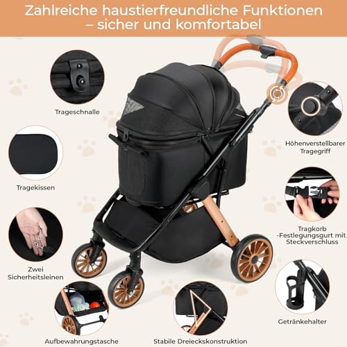 MAMIZO Faltbarer Hundebuggy One-Touch, Faltbar Katzenwagen, Bis 25 kg, Aluminium-Carbonstahl-Gestell, Höhenverstellbarer Griff, Getränkehalter, 4 PCS 360° Gummiräder, für kleine Hunde Katz, Schwarz