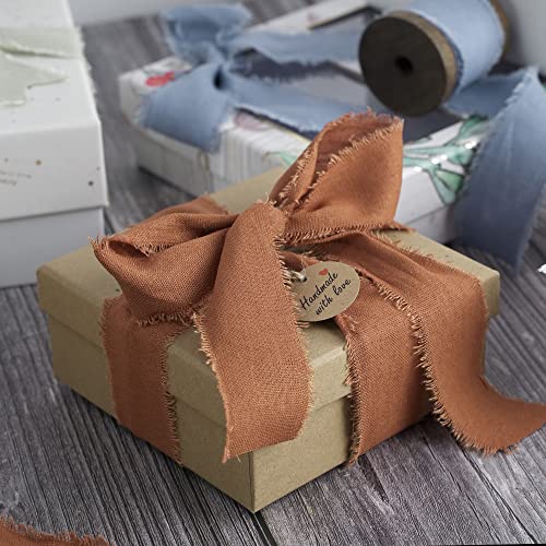 Huihuang Terracotta Cotton Linen Ribbon 1.5 Inch Handmande Rustic Frayed Edge Ribbon On Wooden Spool Fringe Fabric Ribbon For Wedding Bridal Bouquet, Invitation Tie, Baby Shower, Gift Wrap - 5 Yards #TOP5