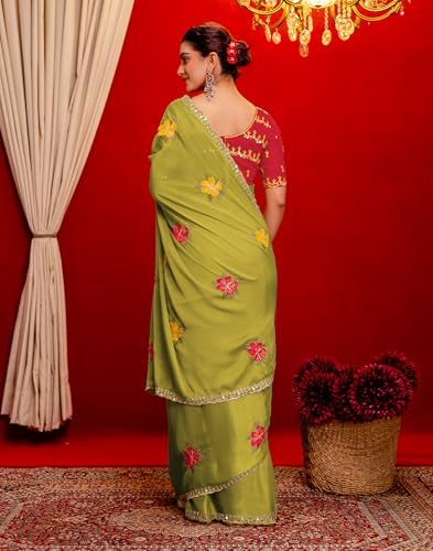 Image of SIRIL Women's Embroidery, Mirror Work, Scalloped Border Shimmer Georgette Saree With Unstitched Blouse Piece