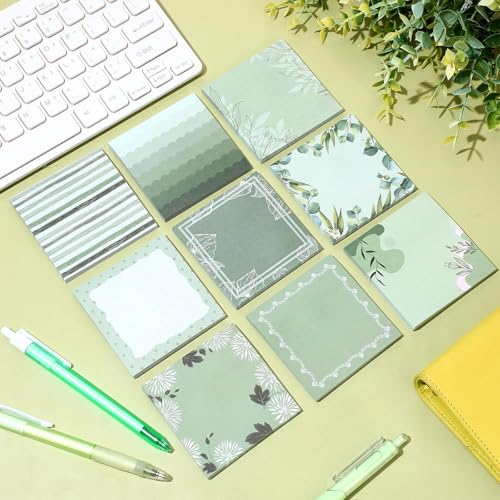 Saypacck 9 Pcs Aesthetic Sticky Notes Cute Pastel Self Stick Notepads Easy to Post Desk Supplies for Home Office Decor School Accessories Women Birthday Coworker Gifts (Green)