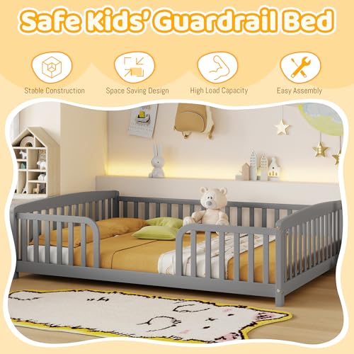 Image of Bellemave Full Size Montessori Floor Bed Frame with High Fence, Solid Wood Kids Floor Bed with Central Entrance, Low Profile Bed for Boys & Girls, Rounded Corner Design,Gray