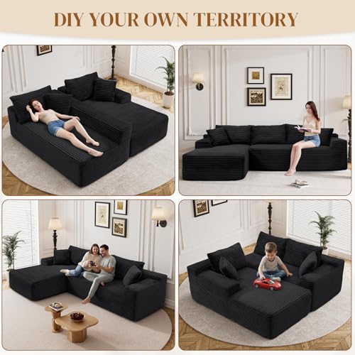 Image of 95 inch L Shaped Boneless Sectional Couches, Wide Armrest, Deep Seat, Memory Foam, Assembly Free, Modern Comfy Corduroy Fluffy Cloud Sofa with Left Chaise for Living Room, Small Spaces, Black