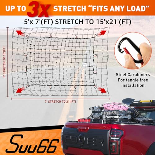 Suu66 Heavy Duty Cargo Net for Pickup Truck Bed - 5\' x 7\' Stretches to 15\' x 21\' - Sturdy Latex Bungee Net Mesh - with 12 Metal Carabiners - Truck Bed Accessories for Dodge RAM, Ford, Chevy, Toyota - Thumbnail 2