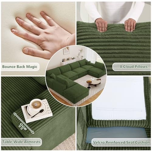 Image of 136 inch Cloud Couch Modular Sectional Sofa for Living Room, U-Shape Boneless Couch with Deep Seat, Modern Corduroy 6-Seater with Ottoman, No Assembly Required, Green