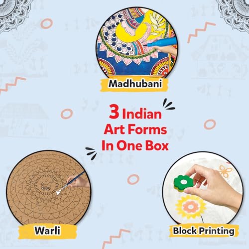 Image of Little Berry Indian Art Forms Kits - 3 in 1 Indian Art Forms Kit | Learn Warli & Block Printing | DIY Art & Craft Kits with Drawing Kit & Colour Set for Kids 6-12 | Educational Gift for Girls & Boys