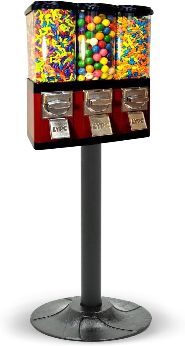 Red Triple Compartment Commercial Vending Machine for 1 inch Gumballs, 1 inch Toy Capsules, Bouncy Balls, Candy, Nuts with Stand by American Gumball Company