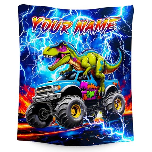 CuziBloom Dinosaur Blanket for Boys, Personalized Truck Blanket with Name, Custom Truck Gifts for Kids Toddler, Fluffy Flannel Throw for Son Grandson Teens (4 Sizes)