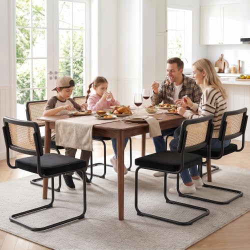 Image of Zesthouse Natural Rattan Dining Chairs Set of 4, Modern Dining Room Chairs with Solid Wood Back for Kitchen Living Room, Mid Century Breuer Design Inspired, Upholstered Velvet Fabric, Black
