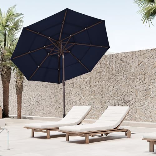 Image of JEAREY 9FT 3 Tier Patio Umbrella Outdoor Market Umbrella Table Umbrellas with 8 Ribs 1.5 Pole Push Button Tilt and Crank UV Protection for Garden,Navy