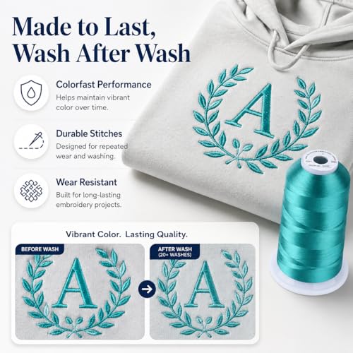 Image of Simthread Embroidery Thread 5000M 40WT Polyester, Light Teal Blue S056 | 5000M 40WT polyester thread feeds smoothly for home or commercial embroidery projects.