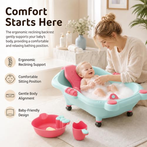 Image of StarAndDaisy AquaNest Baby Bath Tub for Newborn to 5 Years with Ergonomic Baby Bather Seat, 360 Wheels, Bathing Tray & Mug, BPA-Free Kids Bathtub with Drain Plug & Rolling Base