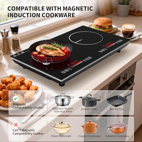 Image of VBGK 2 burner Induction cooktop,110V 4000Winduction hot plate with touch Control,9 Power Levels, Kids Lock & Timer,LED touch control 2ourner induction cooker