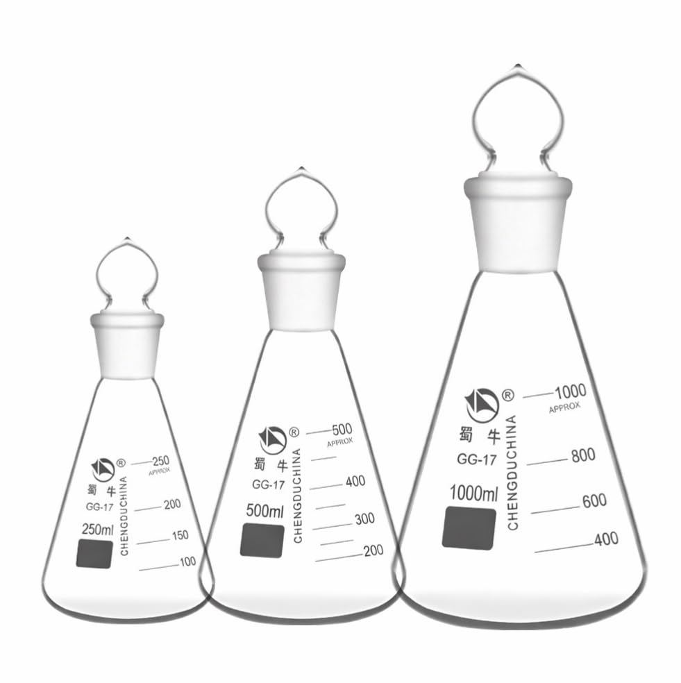 Matraz Erlenmeyer de Vidrio Borosilicato con Tapón 50–1000ml, Matraz Cónico Graduado con Junta Esmerilada 24(150ml)