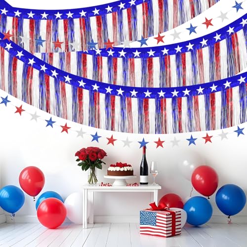Image of 4 Pack 4th of July Decorations, 39 Feet Patriotic Foil Fringe Garland Independence Red White and Blue Metallic Tinsel Garland and for Flag Day Patriotic Party 250 Years