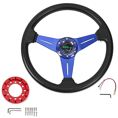 RASTP 13.8”/350mm 6 Bolts Racing Steering Wheel with Sim Racing Gaming Steering Wheel Adapter Plate for Logitech G25 G27(Blue-Red)