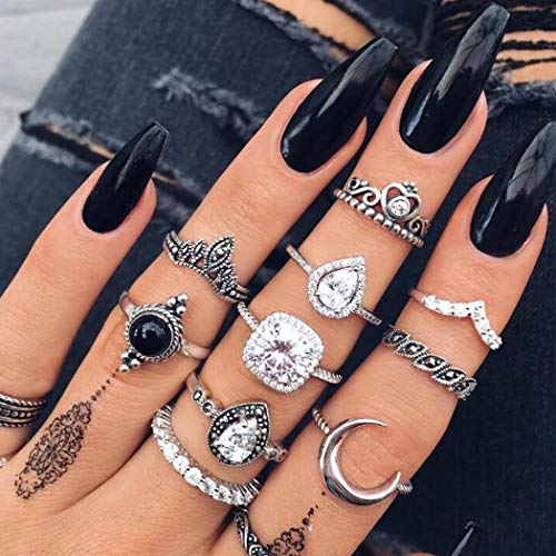 Favelo Boho Rings Silver Stackable Finger Rhinestone Rings Set Moon Knuckle Joint Midi Ring Jewelry Crown Black Onyx Vintage Hand Accessories for Women and Girls