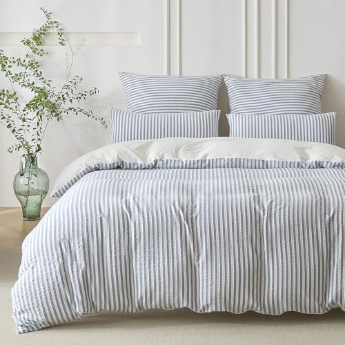 SOULFUL Housse de Couette 220x240 Coton avec 2 Taies d'oreiller 65x65 cm - 100% Coton Lavé - Design Bohème Jacquard Rayures - Bleu Denim Parure de Lit 2...