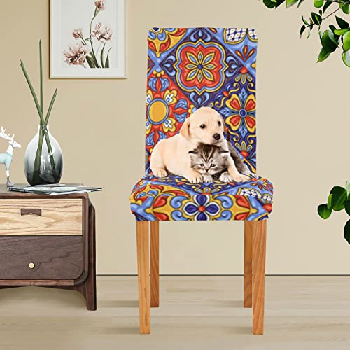 Mexican Talavera Ceramic Tile Dining Chair Covers Set Of 4 Washable Removable Chair Slipcover Stretch Dining Chair Seat Cover For Dining Room Ceremony Wedding Party Office #TOP4