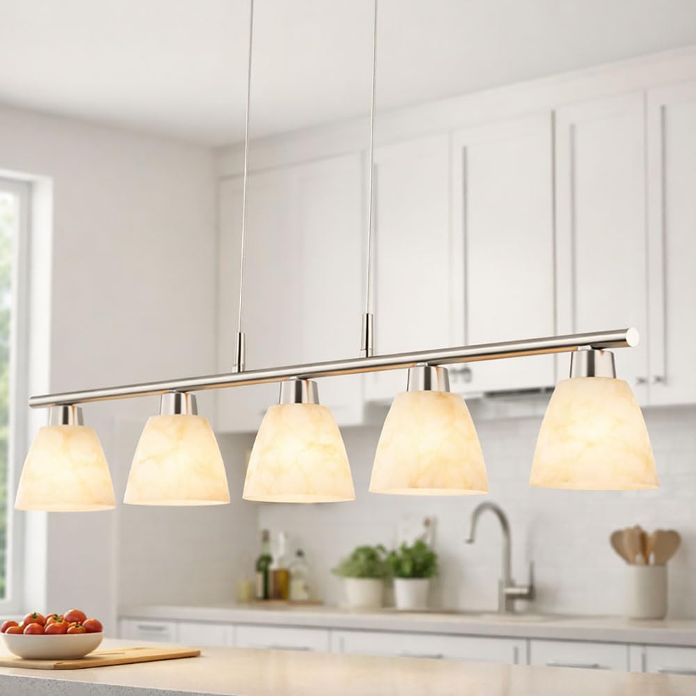 Esstischlampe Hängelampe Esstisch Hängeleuchte silber höhenverstellbar, 5 flammig, Metall nickel Glas weiß, 5x E14 Fassungen, HxLxB 120x93x13cm