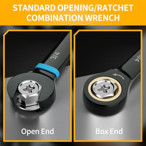 Image of GRENPRO Ratchet Wrenches Set, Ratcheting Wrench Set, 9PC Sae 5 /16 to 3 /4 72Th Long Box Open End Ratchet Wrench Organizer With Color Ring With Roll Up Pouch With Gauge, Big Combination Wrench Tool Sets
