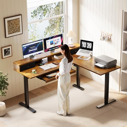 Image of OffiGo 59 Inch L Shaped Electric Standing Desk with Drawers, Rustic Brown