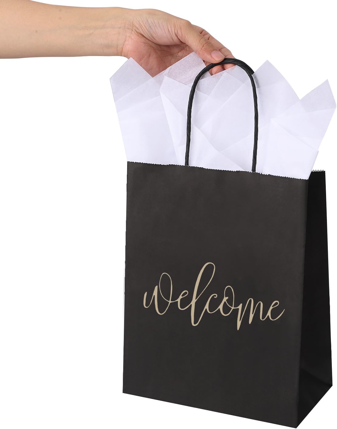 DjinnGlory 50 Pack Medium Black Welcome Paper Gift Bags with Handles and 50-Sheet White Tissue Paper for Wedding Hotel Guests Engagement Bridal Shower Birthday Party Favors (10''x8''x4'')
