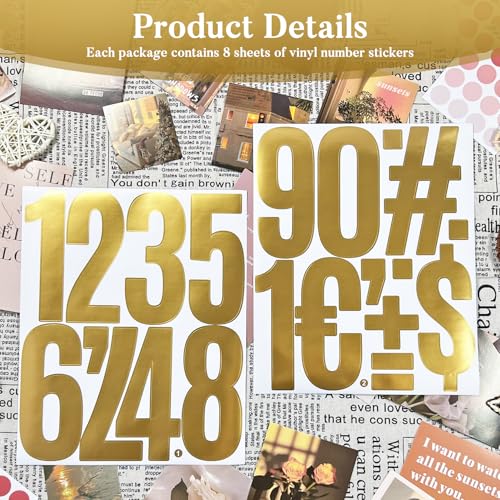 84 Stück Zahlenaufkleber mit Symbolen, 8 Bögen, 12,7 cm Gold Vinyl Nummernaufkleber, Selbstklebend, Wasserfest, Für Innen- & Außenbereich, Geeignet für Briefkasten, Türen, LKWs und Pinnwände