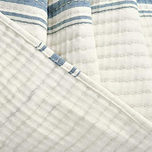 Image of Lush Decor Farmhouse Stripe Kantha Pick Stich Yarn Dyed Cotton Woven Throw Reversible Ticking Pinstripe Design Blanket, 50 inch x 60 inch, Blue
