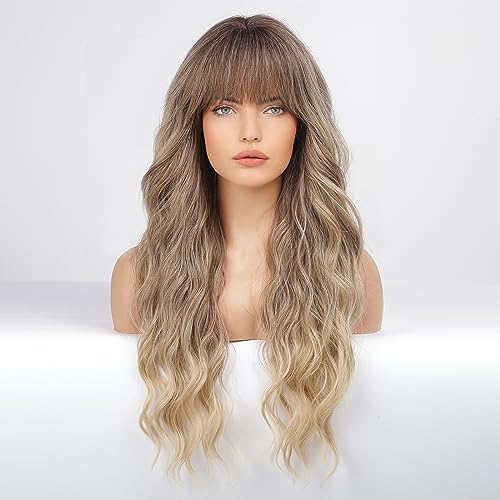 EMMOR Ombre Ash Blonde Wigs for Women Highlight Color Wigs with Bangs Long Curly Heat Resistant Fiber Synthetic Wig Daily Natural looking - Image 4