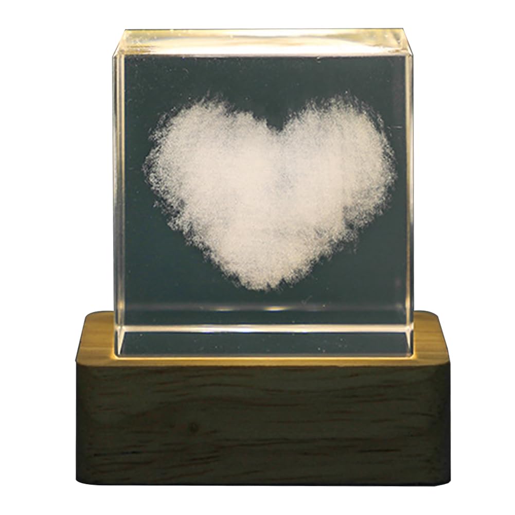 LYEAA Paperweight Etched Crystal Glass Lamp USB Plug 3D Moon Clouds Raindrop Crystal Lamp Romantic Birthday Gift (Heart clouds)