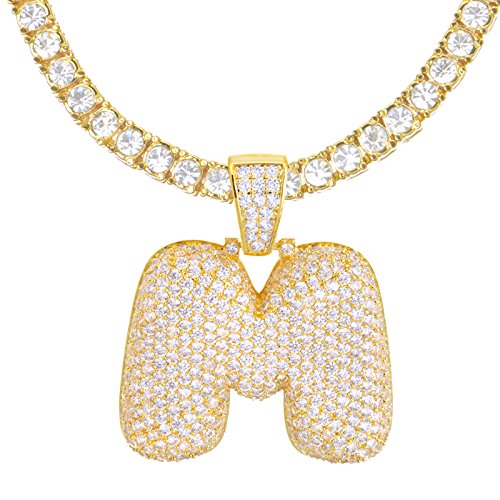 metaltree98 24" Tennis Chain A - Z Initial Bubble Letter 14K Gold Plated Iced CZ Pendant 24" Necklace (M)